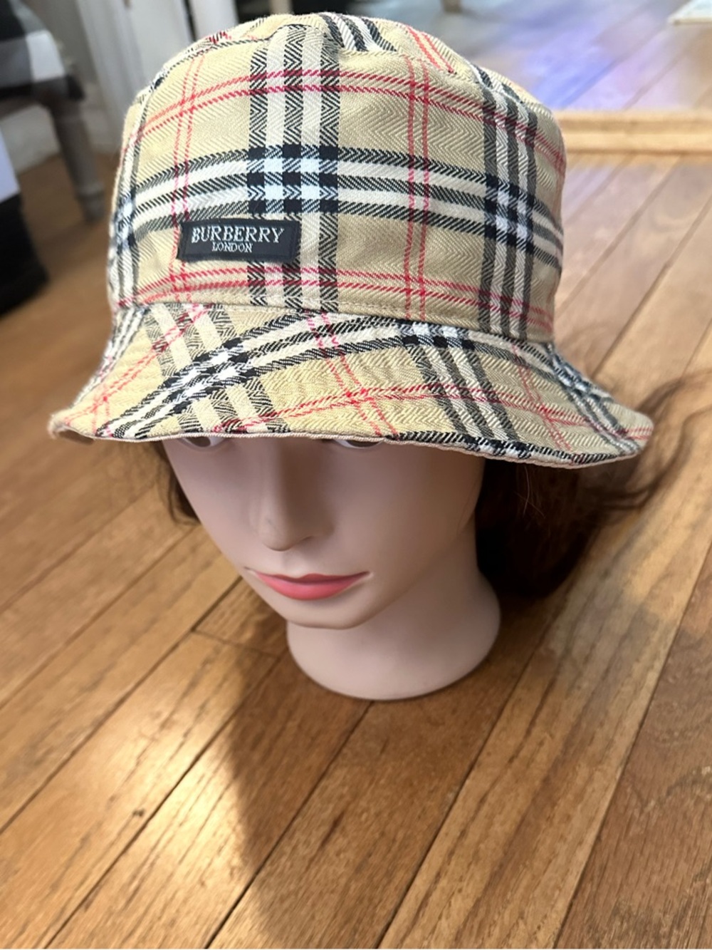 Burberry Beige Plaid Bucket Hat with Black & Red Accents